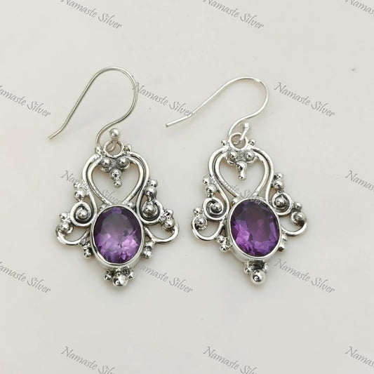 Amethyst Earrings, 925 Sterling Silver Dangle Earrings, Natural Purple Amethyst Oval Gemstone Jewelry, February Birthstone, Gift For Her