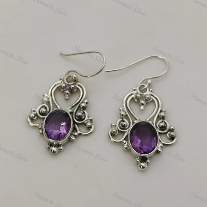 Amethyst Earrings, 925 Sterling Silver Dangle Earrings, Natural Purple Amethyst Oval Gemstone Jewelry, February Birthstone, Gift For Her