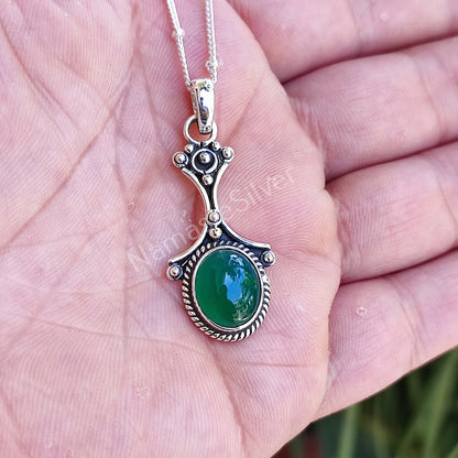 Green Onyx Necklace, 925 Sterling Silver Pendant Locket Chain, Natural Green Onyx Oval Gemstone Handmade Boho Jewelry, Elegant Gift for her