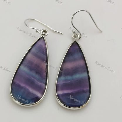 Fluorite Earrings, 925 Sterling Silver Dangle Drop Bezel Earrings, Natural Fluorite Pear Shape Handmade Boho Jewelry, Unique Gift For Her