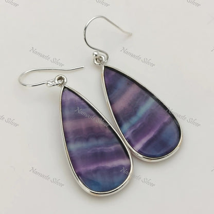 Fluorite Earrings, 925 Sterling Silver Dangle Drop Bezel Earrings, Natural Fluorite Pear Shape Handmade Boho Jewelry, Unique Gift For Her