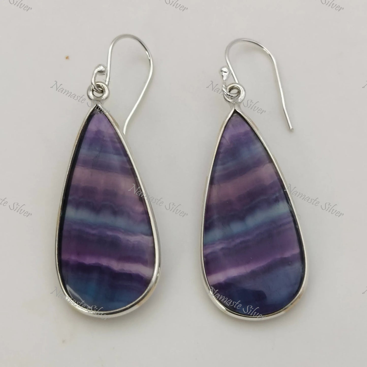 Fluorite Earrings, 925 Sterling Silver Dangle Drop Bezel Earrings, Natural Fluorite Pear Shape Handmade Boho Jewelry, Unique Gift For Her