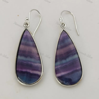 Fluorite Earrings, 925 Sterling Silver Dangle Drop Bezel Earrings, Natural Fluorite Pear Shape Handmade Boho Jewelry, Unique Gift For Her