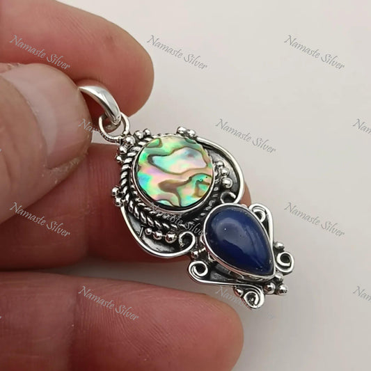 Abalone Shell, Lapis Lazuli Pendant, 925 Sterling Silver Pendant, Natural Paua Shell & Lapis Lazuli Gemstone Handmade Jewelry, Gift for her
