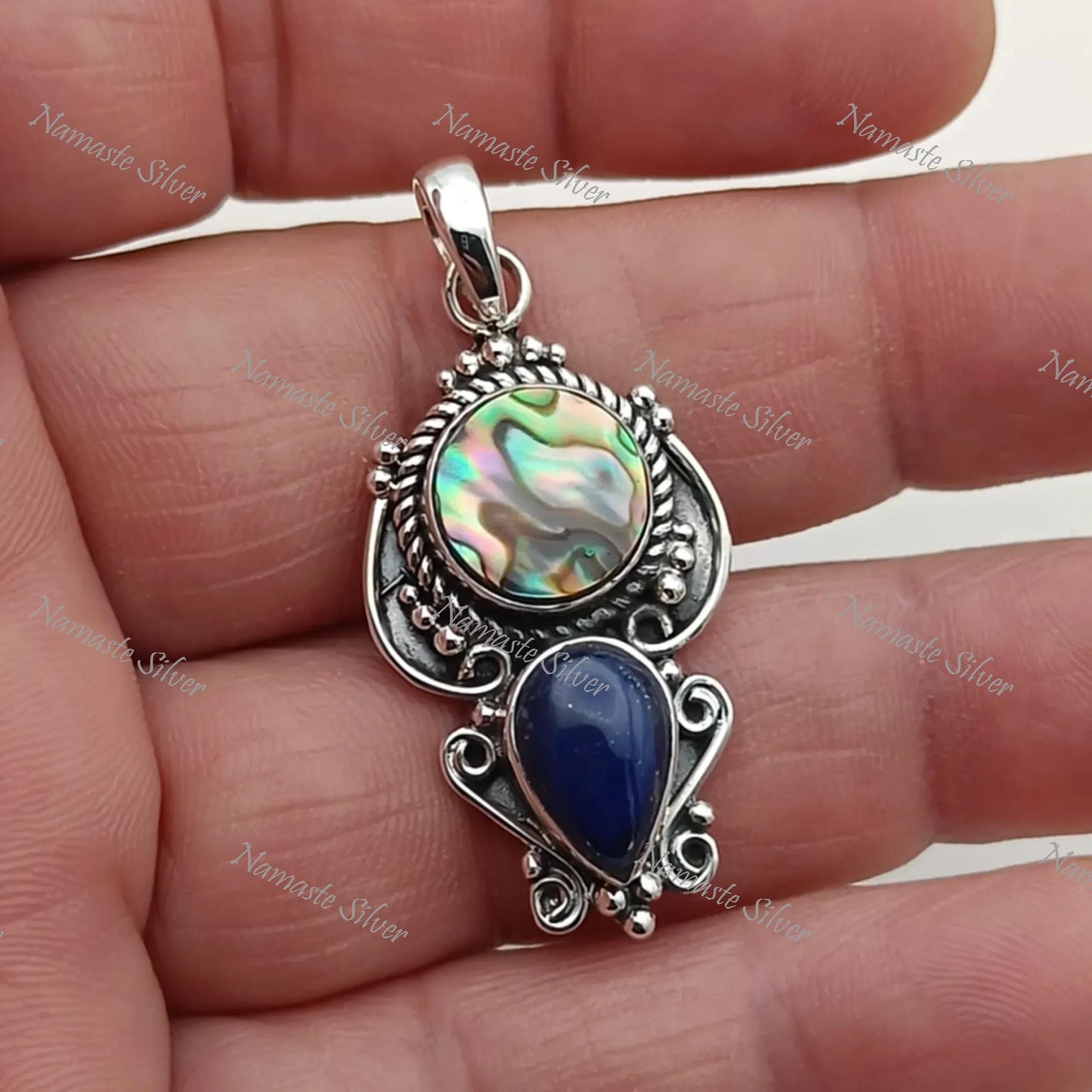 Abalone Shell, Lapis Lazuli Pendant, 925 Sterling Silver Pendant, Natural Paua Shell & Lapis Lazuli Gemstone Handmade Jewelry, Gift for her
