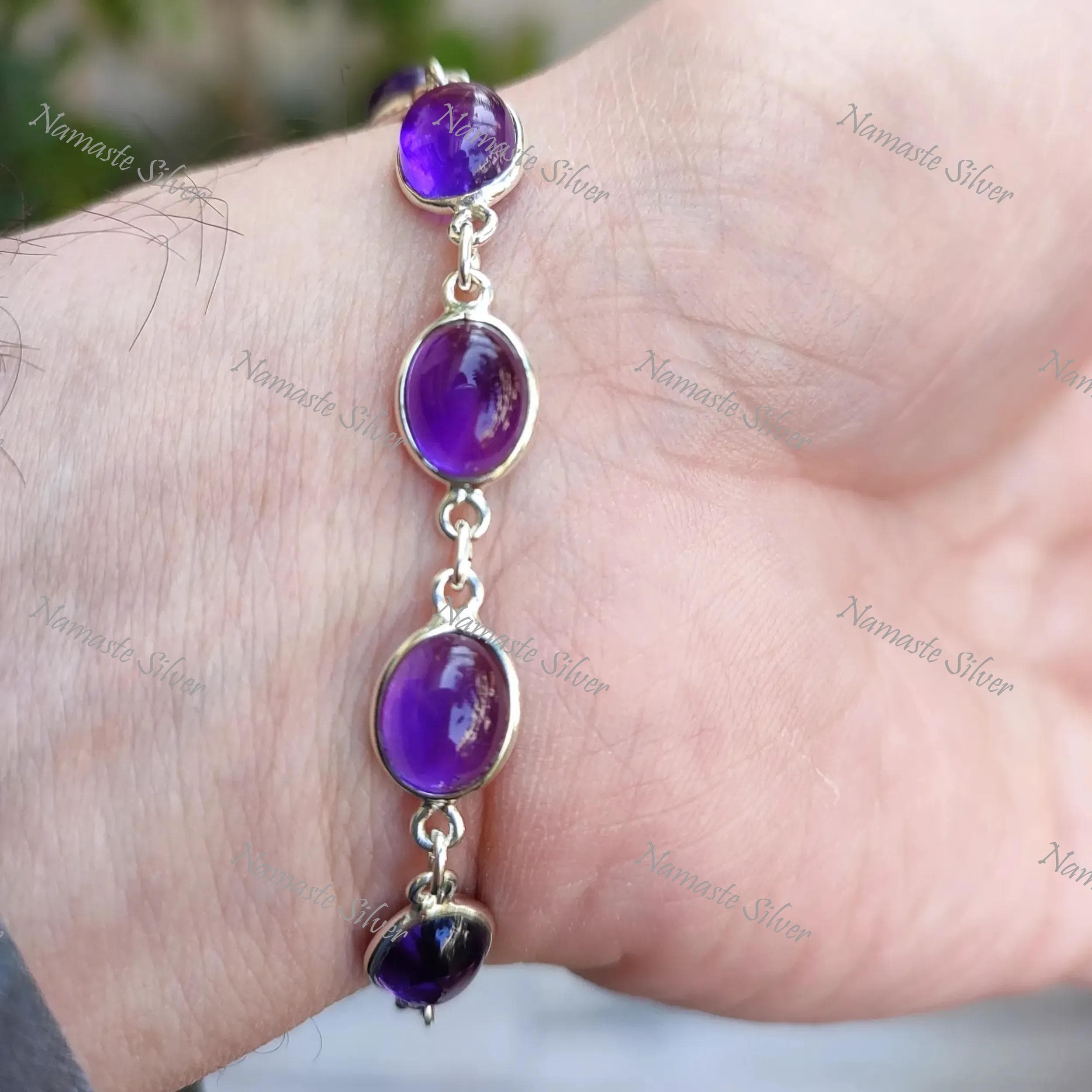 Amethyst Bracelet, 925 Sterling Silver Handmade Bracelet, Natural Purple Amethyst Oval Gemstone Jewelry, February Birthstone, Gift For Her