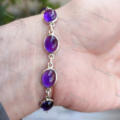 Amethyst Bracelet, 925 Sterling Silver Handmade Bracelet, Natural Purple Amethyst Oval Gemstone Jewelry, February Birthstone, Gift For Her