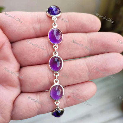 Amethyst Bracelet, 925 Sterling Silver Handmade Bracelet, Natural Purple Amethyst Oval Gemstone Jewelry, February Birthstone, Gift For Her