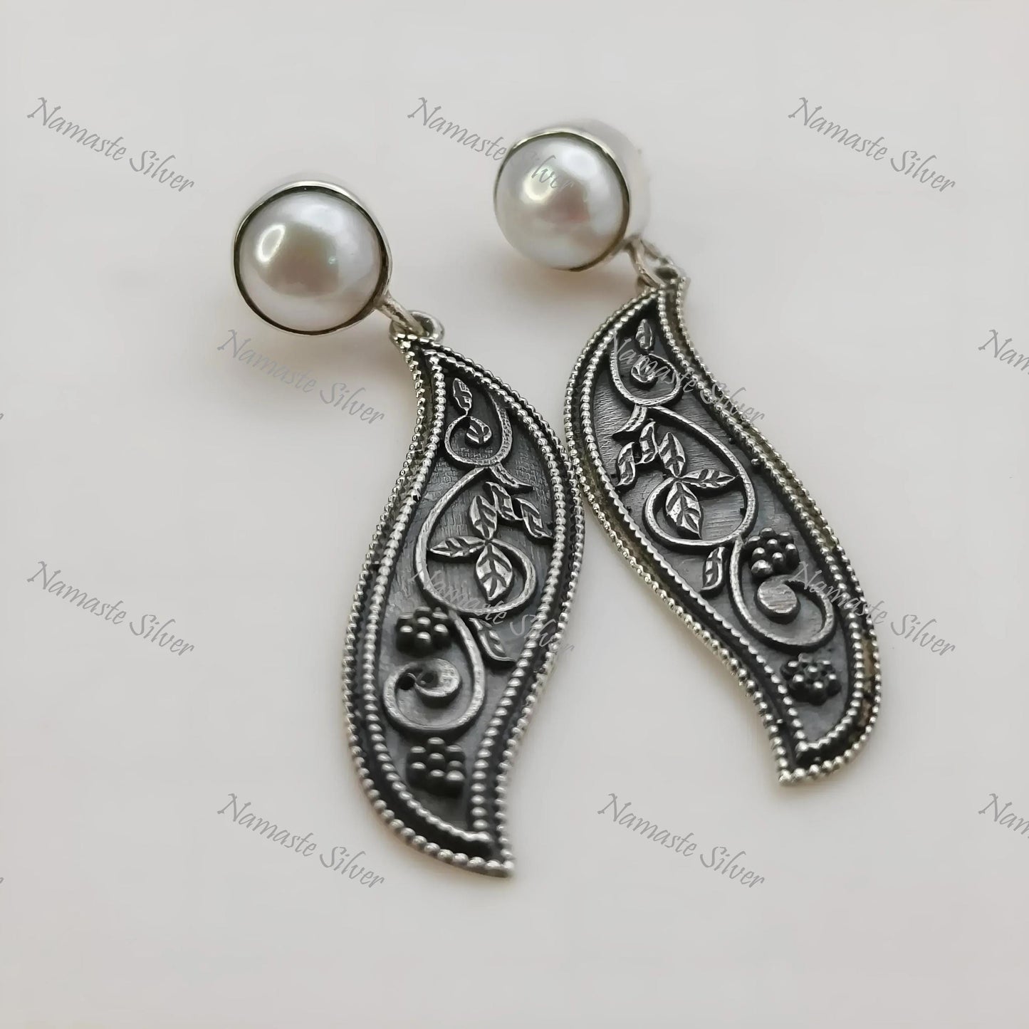 Pearl Paisley Earrings, 925 Sterling Silver Dangle Jewelry, Freshwater Pearl & Elegant Paisley Handmade Boho Jewelry, Unique Gift for Her