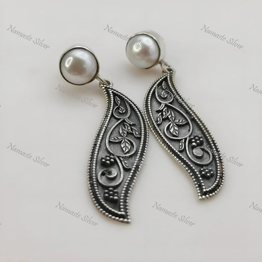 Pearl Paisley Earrings, 925 Sterling Silver Dangle Jewelry, Freshwater Pearl & Elegant Paisley Handmade Boho Jewelry, Unique Gift for Her