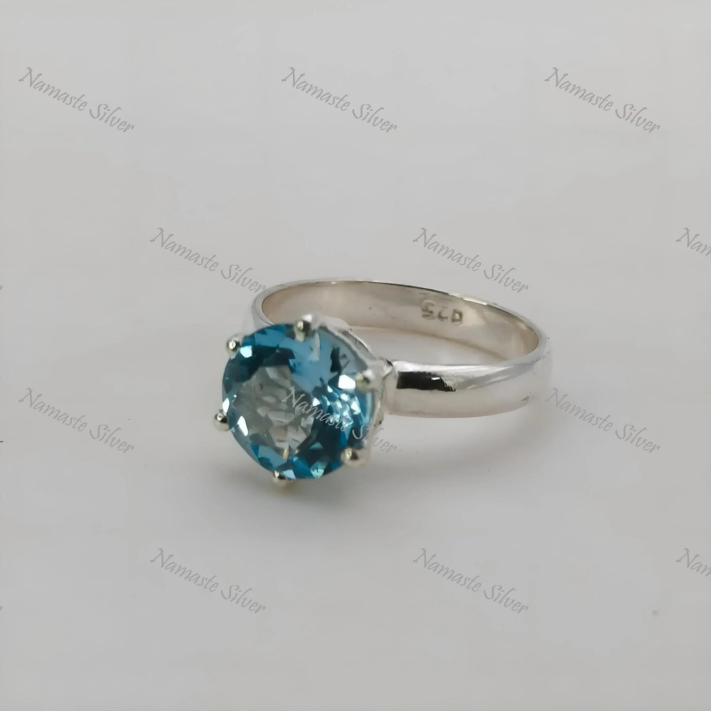 Blue Topaz Solitaire Ring, 925 Sterling Silver, Natural Topaz Round Gemstone, December Birthstone Jewelry, Handmade Boho Style, Gift for Her