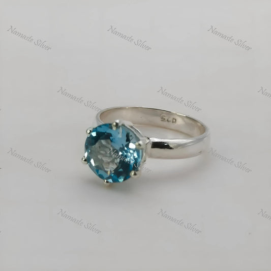Blue Topaz Solitaire Ring, 925 Sterling Silver, Natural Topaz Round Gemstone, December Birthstone Jewelry, Handmade Boho Style, Gift for Her