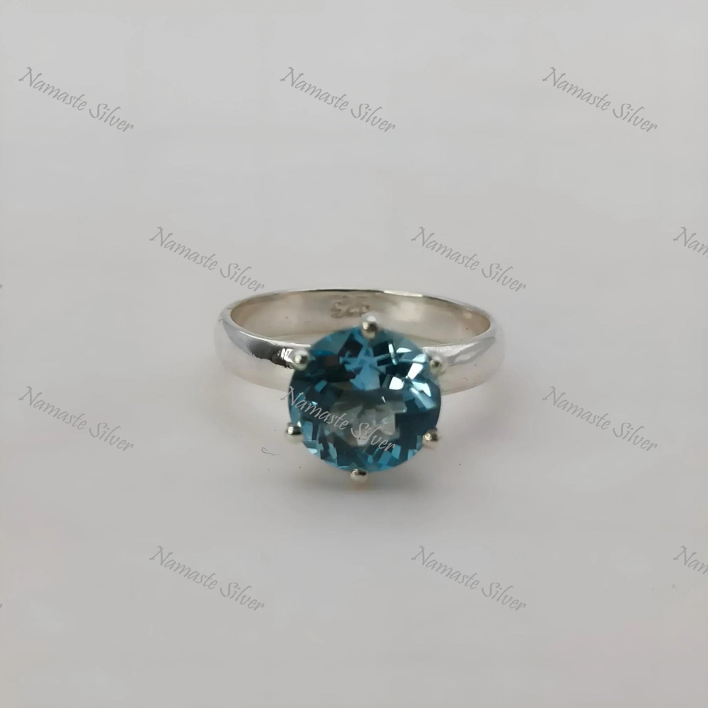Blue Topaz Solitaire Ring, 925 Sterling Silver, Natural Topaz Round Gemstone, December Birthstone Jewelry, Handmade Boho Style, Gift for Her