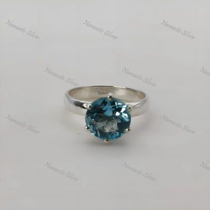Blue Topaz Solitaire Ring, 925 Sterling Silver, Natural Topaz Round Gemstone, December Birthstone Jewelry, Handmade Boho Style, Gift for Her