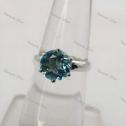 Blue Topaz Solitaire Ring, 925 Sterling Silver, Natural Topaz Round Gemstone, December Birthstone Jewelry, Handmade Boho Style, Gift for Her