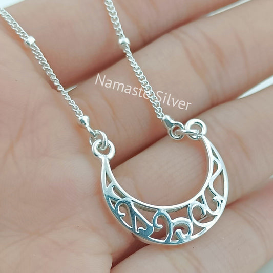 Crescent Moon Necklace, 925 Sterling Silver Pendant Chain Locket, Handmade Moon Dainty Minimalist Celestial Spiritual Jewelry, Gift for Her