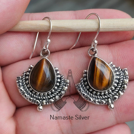 Tigers Eye Earrings, 925 Sterling Silver Dangle Earrings, Natural Tiger's Eye Pear Shape Handmade Jewelry, June Birthstone, Gift for Her