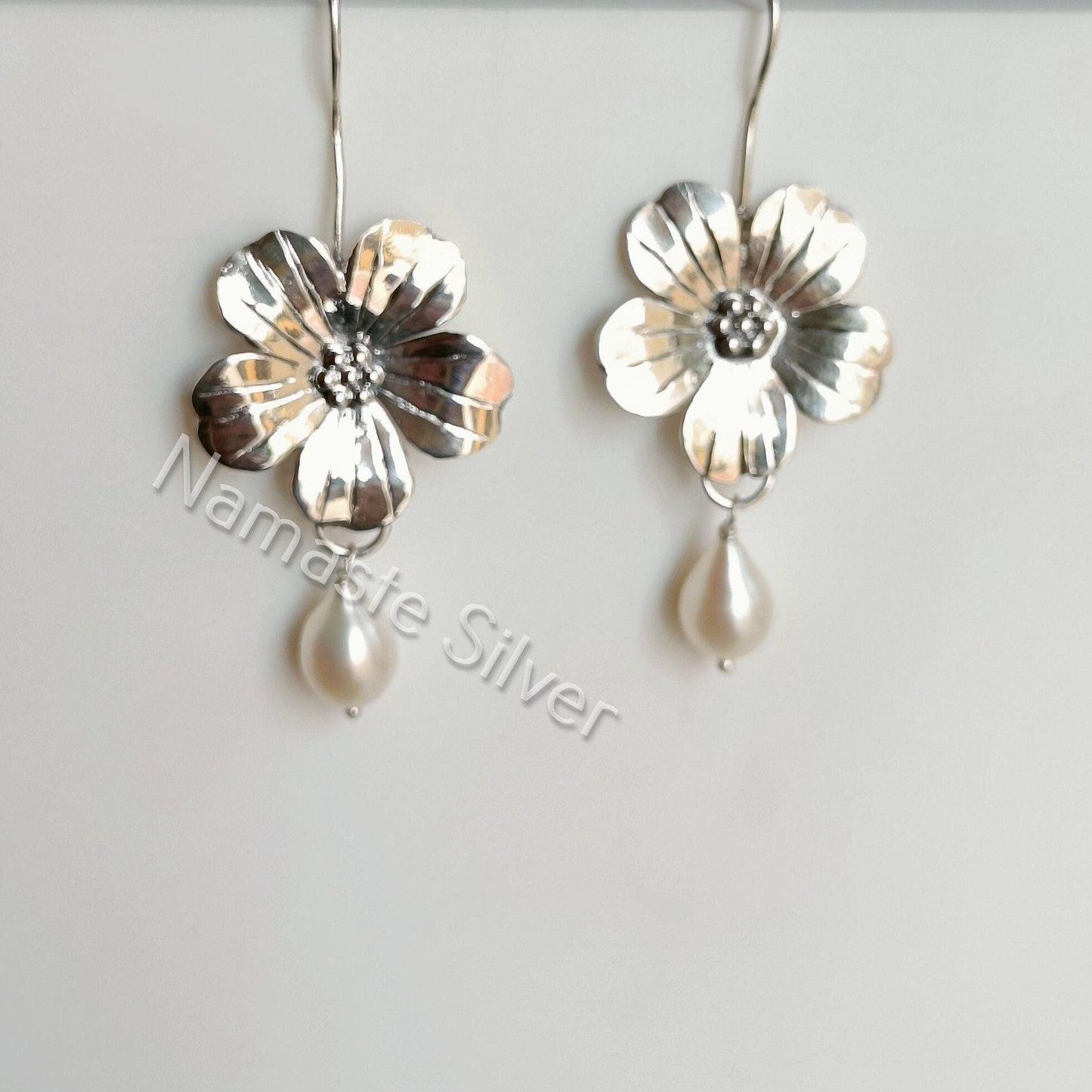 Pearl Earrings, 925 Sterling Silver Dangle Drop Flower Earrings, Freshwater Pearl Handmade Jewelry, June Birthstone, Elegant Gift For Her