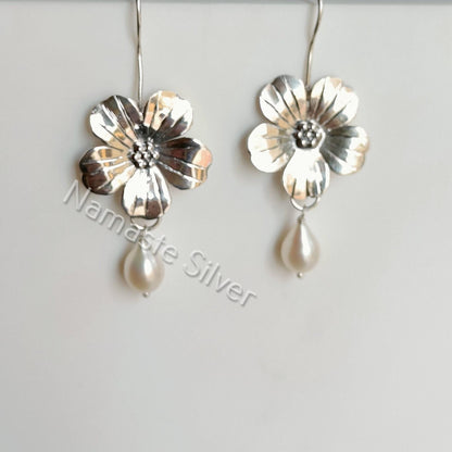 Pearl Earrings, 925 Sterling Silver Dangle Drop Flower Earrings, Freshwater Pearl Handmade Jewelry, June Birthstone, Elegant Gift For Her