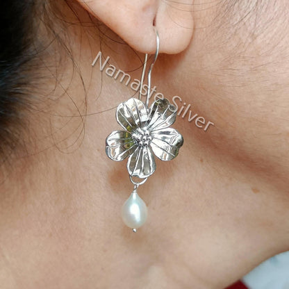 Pearl Earrings, 925 Sterling Silver Dangle Drop Flower Earrings, Freshwater Pearl Handmade Jewelry, June Birthstone, Elegant Gift For Her