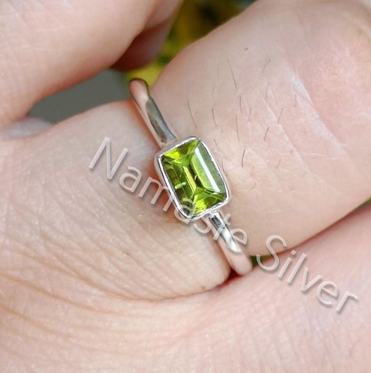 Peridot Ring, 925 Sterling Silver Dainty Promise Ring, Gift for her, Natural Peridot Octagon Gemstone Handmade Jewelry, August Birthstone