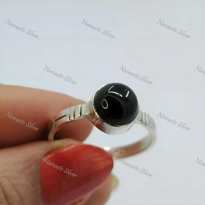 Black Onyx Ring, 925 Sterling Silver Promise Ring, Gift for Her, Natural Black Onyx Round Gemstone Handmade Boho Jewelry, July Birthstone