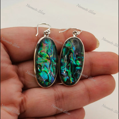 Abalone Shell Earrings, 925 Sterling Silver Dangle Drop Earrings, Natural Abalone Oval Doublet Handmade Jewelry, Blue Paua Shell Earrings