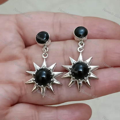 Black Onyx Earrings, 925 Sterling Silver Dangle Earrings, Natural Black Round Gemstone Handmade Boho Jewelry, July Birthstone, Gift for her