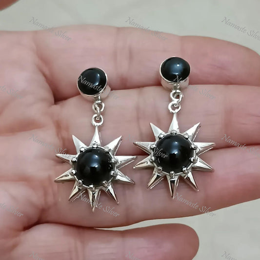 Black Onyx Earrings, 925 Sterling Silver Dangle Earrings, Natural Black Round Gemstone Handmade Boho Jewelry, July Birthstone, Gift for her