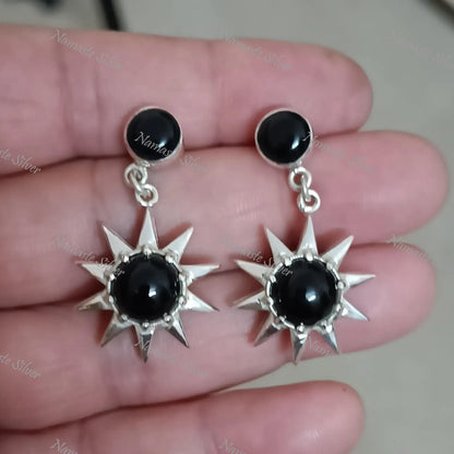 Black Onyx Earrings, 925 Sterling Silver Dangle Earrings, Natural Black Round Gemstone Handmade Boho Jewelry, July Birthstone, Gift for her