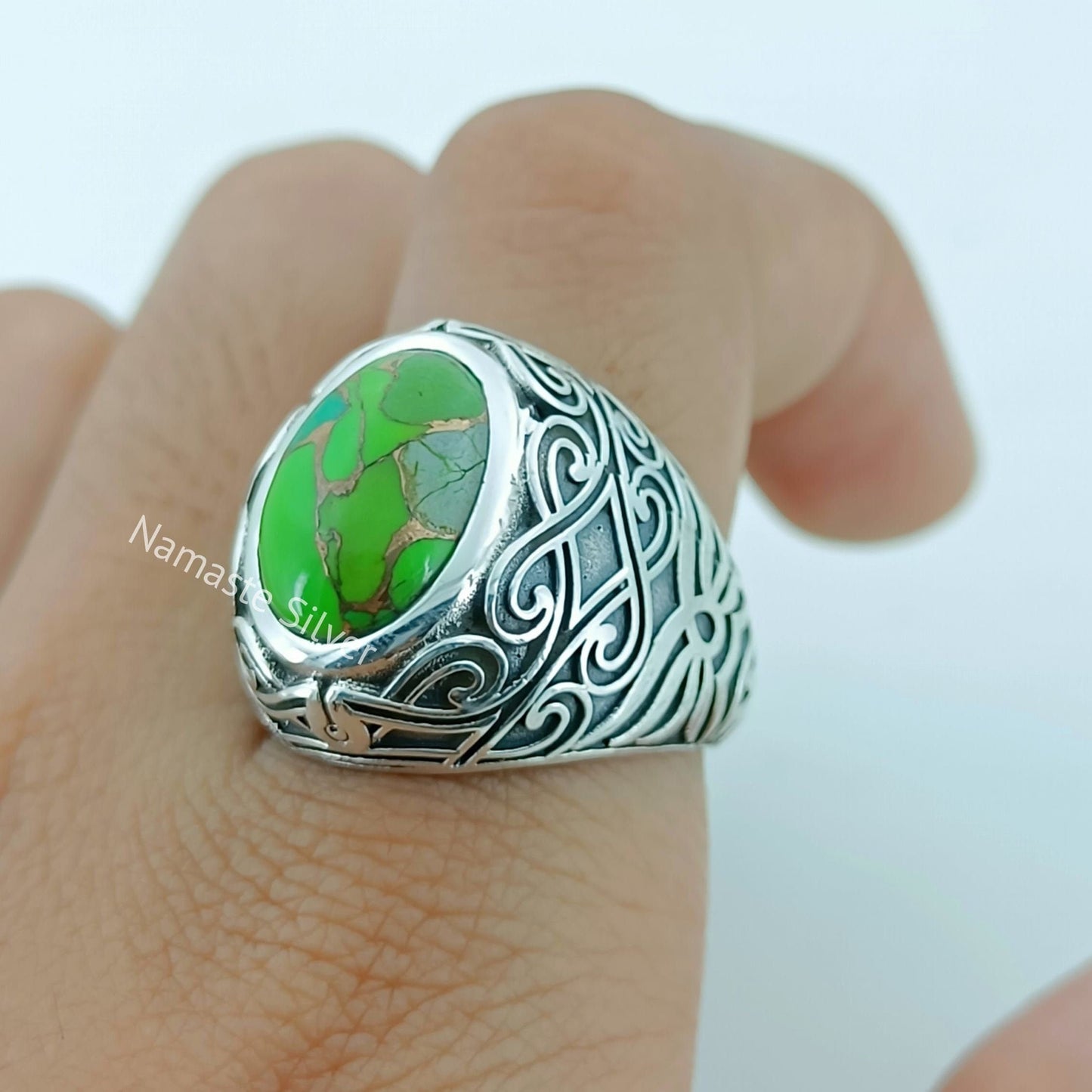 Green Turquoise Ring, 925 Sterling Silver Statement Promise Ring for Women, Green Copper Turquoise Oval Handmade Boho Jewelry, Gift for Her
