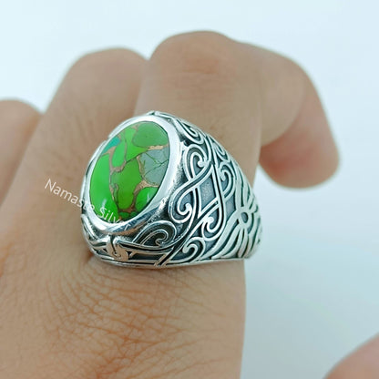 Green Turquoise Ring, 925 Sterling Silver Statement Promise Ring for Women, Green Copper Turquoise Oval Handmade Boho Jewelry, Gift for Her