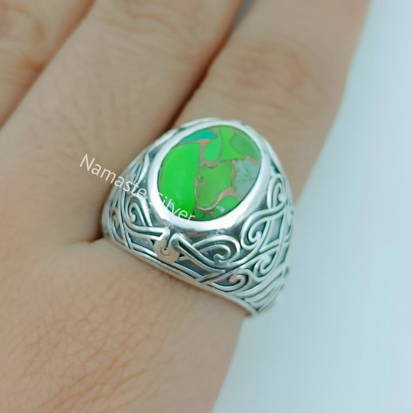 Green Turquoise Ring, 925 Sterling Silver Statement Promise Ring for Women, Green Copper Turquoise Oval Handmade Boho Jewelry, Gift for Her