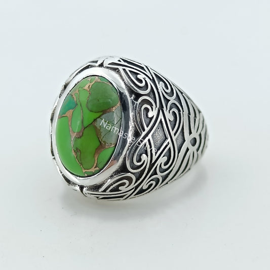 Green Turquoise Ring, 925 Sterling Silver Statement Promise Ring for Women, Green Copper Turquoise Oval Handmade Boho Jewelry, Gift for Her
