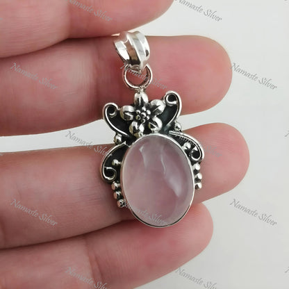 Rose Quartz Pendant, 925 Sterling Silver Handmade Locket, Natural Rose Quartz Oval Gemstone Boho Jewelry, January Birthstone, Gift For Her