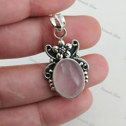 Rose Quartz Pendant, 925 Sterling Silver Handmade Locket, Natural Rose Quartz Oval Gemstone Boho Jewelry, January Birthstone, Gift For Her