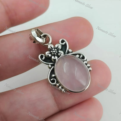 Rose Quartz Pendant, 925 Sterling Silver Handmade Locket, Natural Rose Quartz Oval Gemstone Boho Jewelry, January Birthstone, Gift For Her