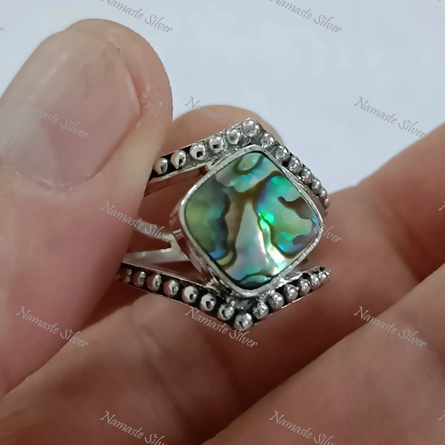 Abalone Shell Ring, Sterling Silver Statement Promise Ring, Natural Ocean Seashell Cushion Handmade Jewelry, Paua Shell Ring, Gift for her