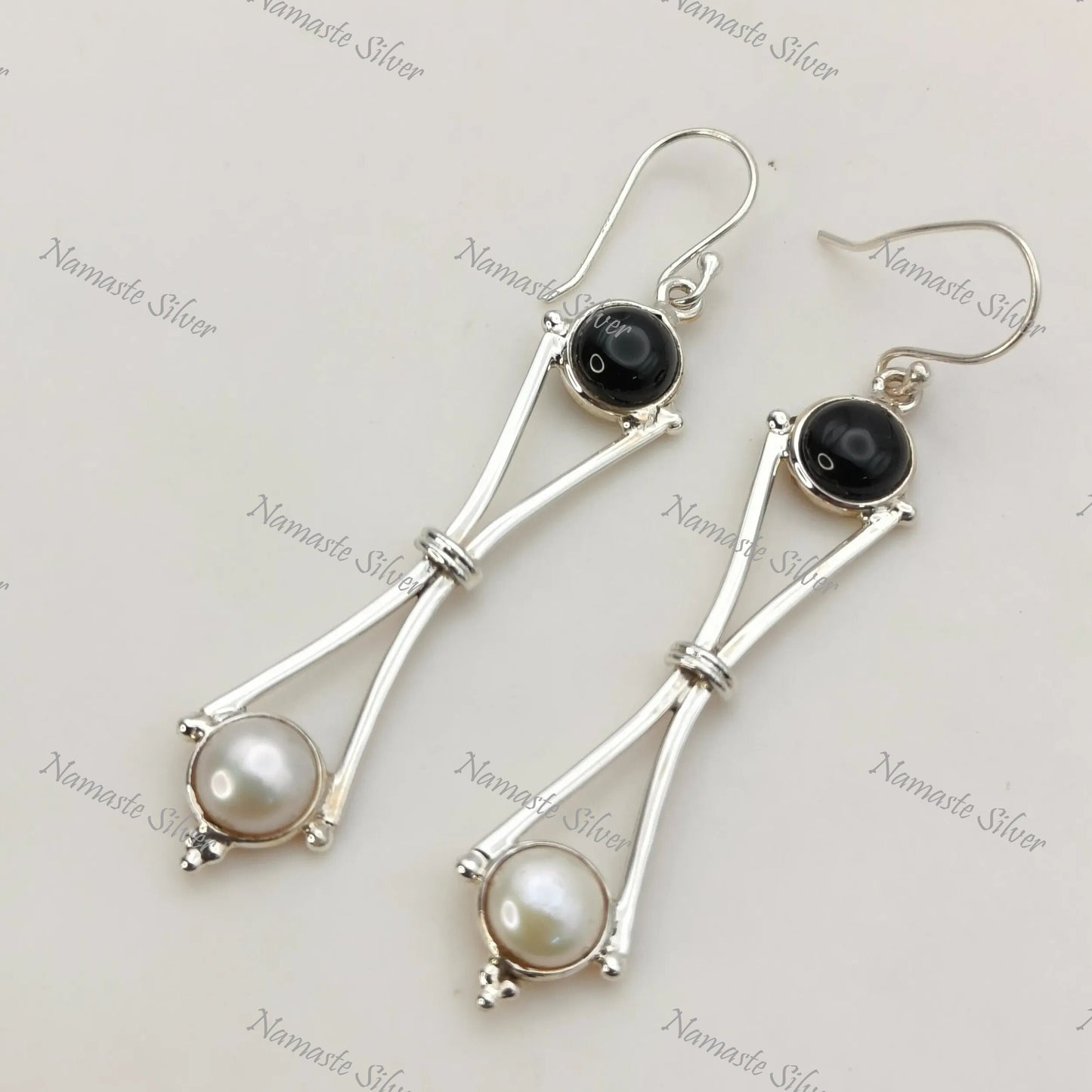 Black Onyx & Pearl Earrings, 925 Sterling Silver Dangle Drop Earrings, Natural Birthstone Handmade Freshwater Pearl Jewelry, Gift for Her
