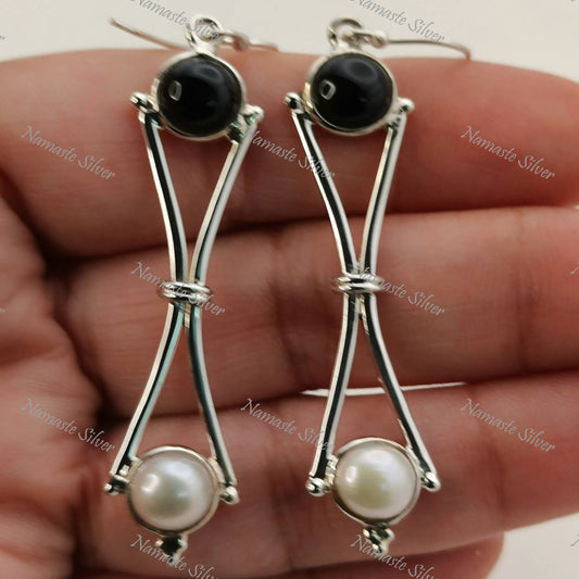 Black Onyx & Pearl Earrings, 925 Sterling Silver Dangle Drop Earrings, Natural Birthstone Handmade Freshwater Pearl Jewelry, Gift for Her