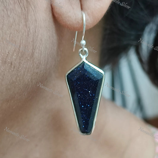 Sun Stone Earrings, 925 Sterling Silver Dangle Drop Earrings, Natural Blue Sun Stone Kite Shape Handmade Boho Jewelry, Unique Gift For Her
