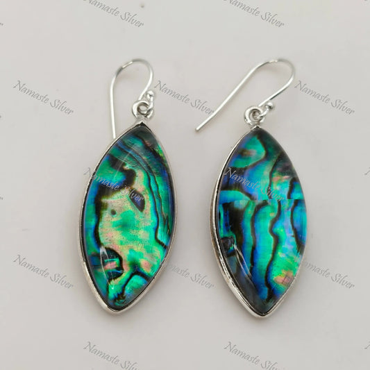 Abalone Shell Earrings, Sterling Silver Dangle Earrings, Natural Abalone Shell Doublet Marquise Handmade Jewelry, Blue Paua Shell Earrings