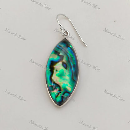 Abalone Shell Earrings, Sterling Silver Dangle Earrings, Natural Abalone Shell Doublet Marquise Handmade Jewelry, Blue Paua Shell Earrings
