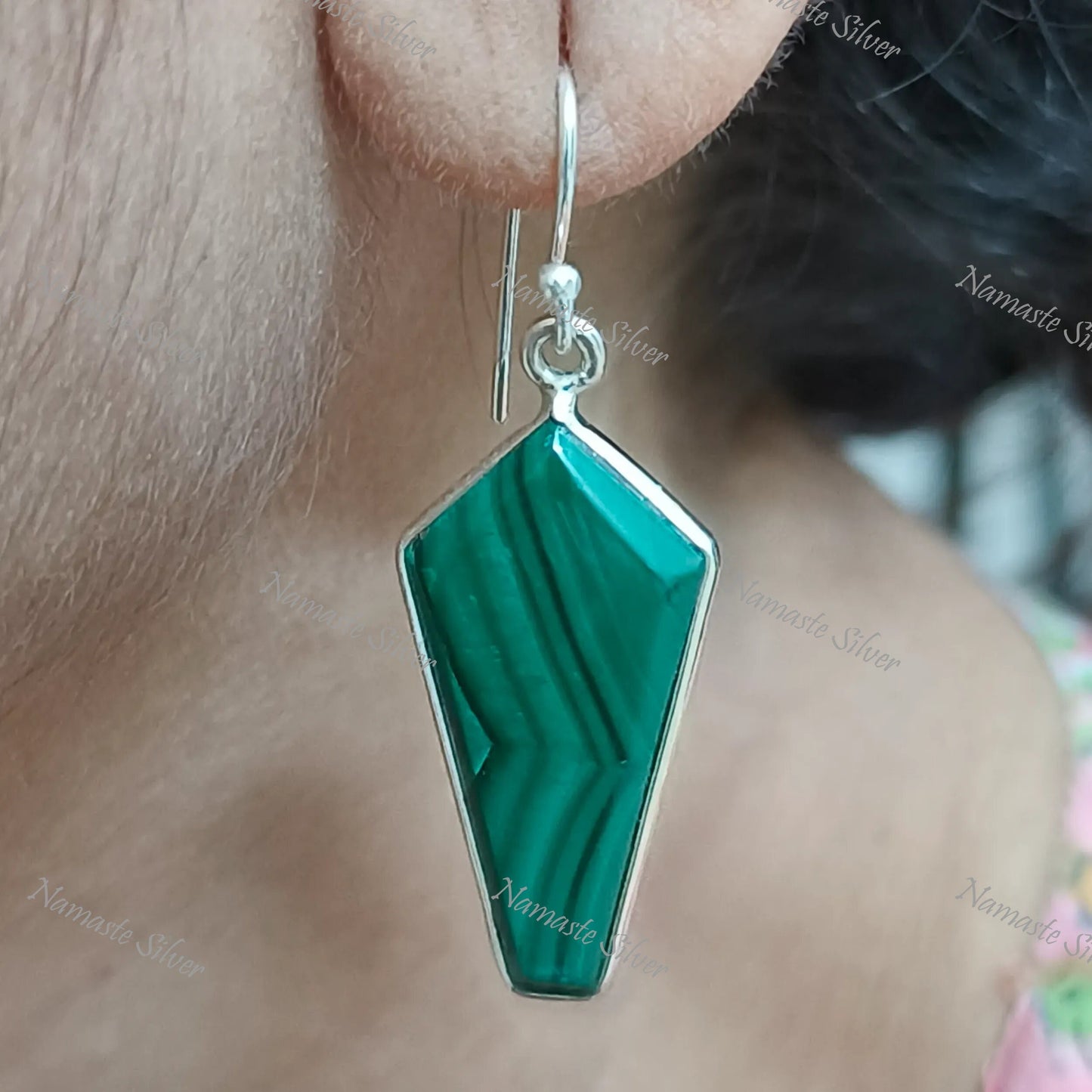 Malachite Earrings, Sterling Silver Dangle Drop Earrings, Natural Green Malachite Kite Shape Gemstone Jewelry, Unique Gift for Her Birthday