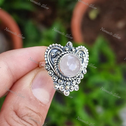 Rose Quartz Ring, 925 Sterling Silver Statement Promise Heart Ring, Natural Pink Gemstone Round Jewelry, January Birthstone, Gift for her