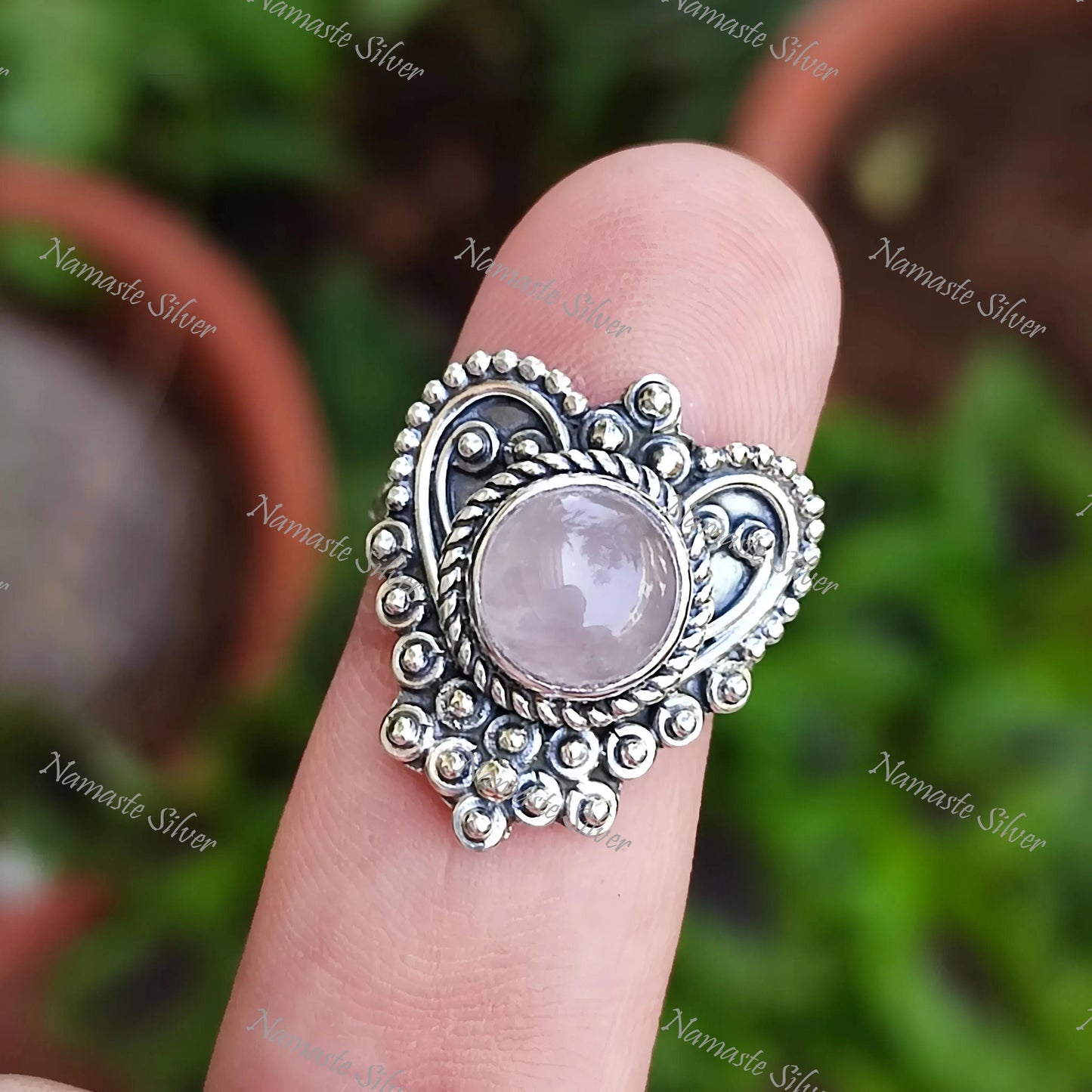 Rose Quartz Ring, 925 Sterling Silver Statement Promise Heart Ring, Natural Pink Gemstone Round Jewelry, January Birthstone, Gift for her