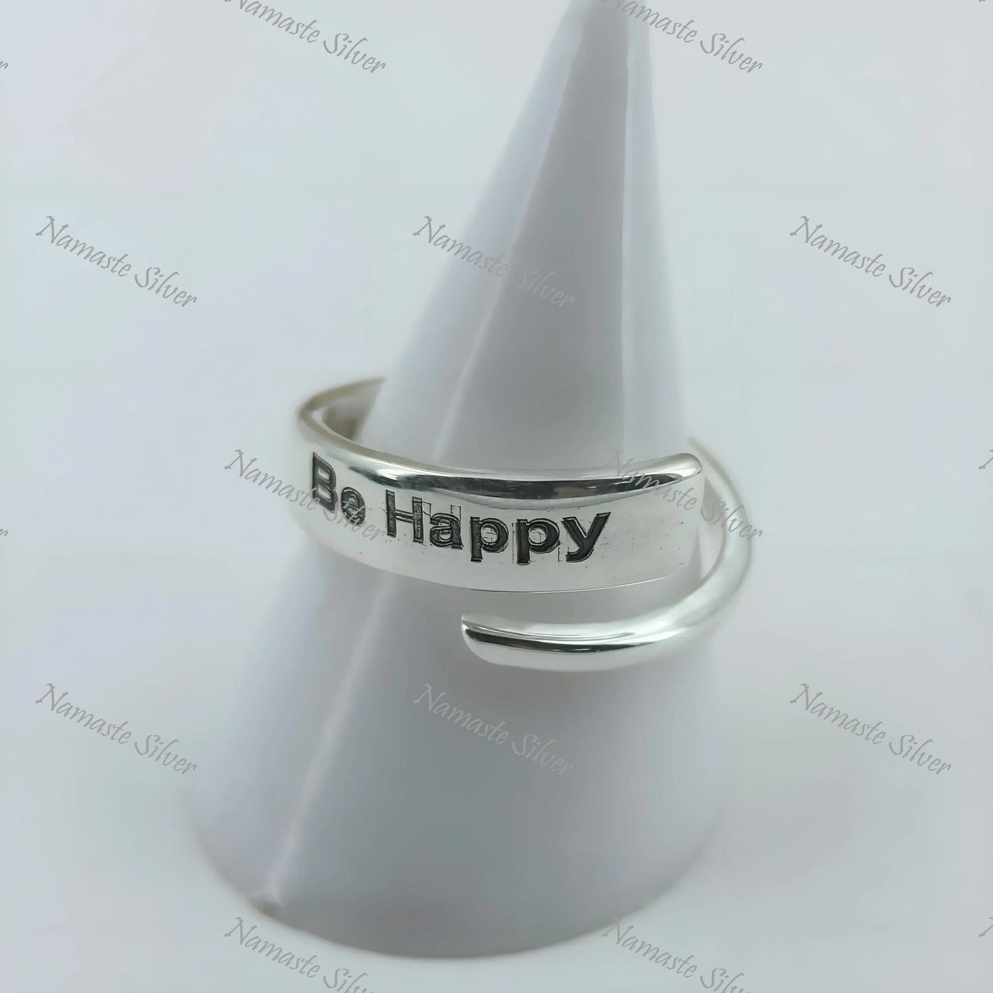 Be Happy Ring, 925 Sterling Silver Adjustable Promise Ring, Inspirational Motivational Quote Handmade Jewelry, Personalized Gift for Him Her