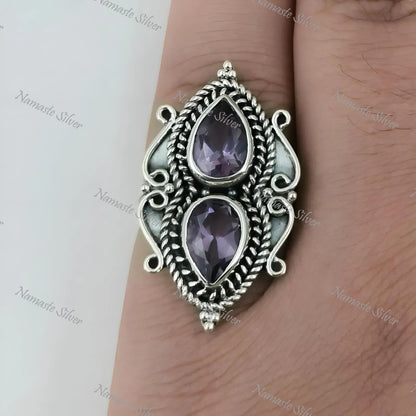 Amethyst Ring, 925 Sterling Silver Promise Ring, Natural Amethyst Pear Shape Gemstone Handmade Jewelry, February Birthstone, Gift For Her