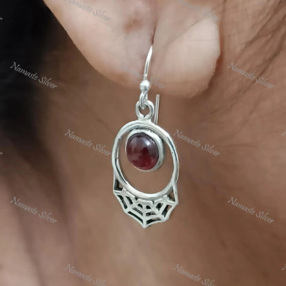 Garnet Earrings, 925 Sterling Silver Dangle Drop Earrings, Natural Garnet Round Gemstone Handmade Jewelry, January Birthstone, Gift for Her
