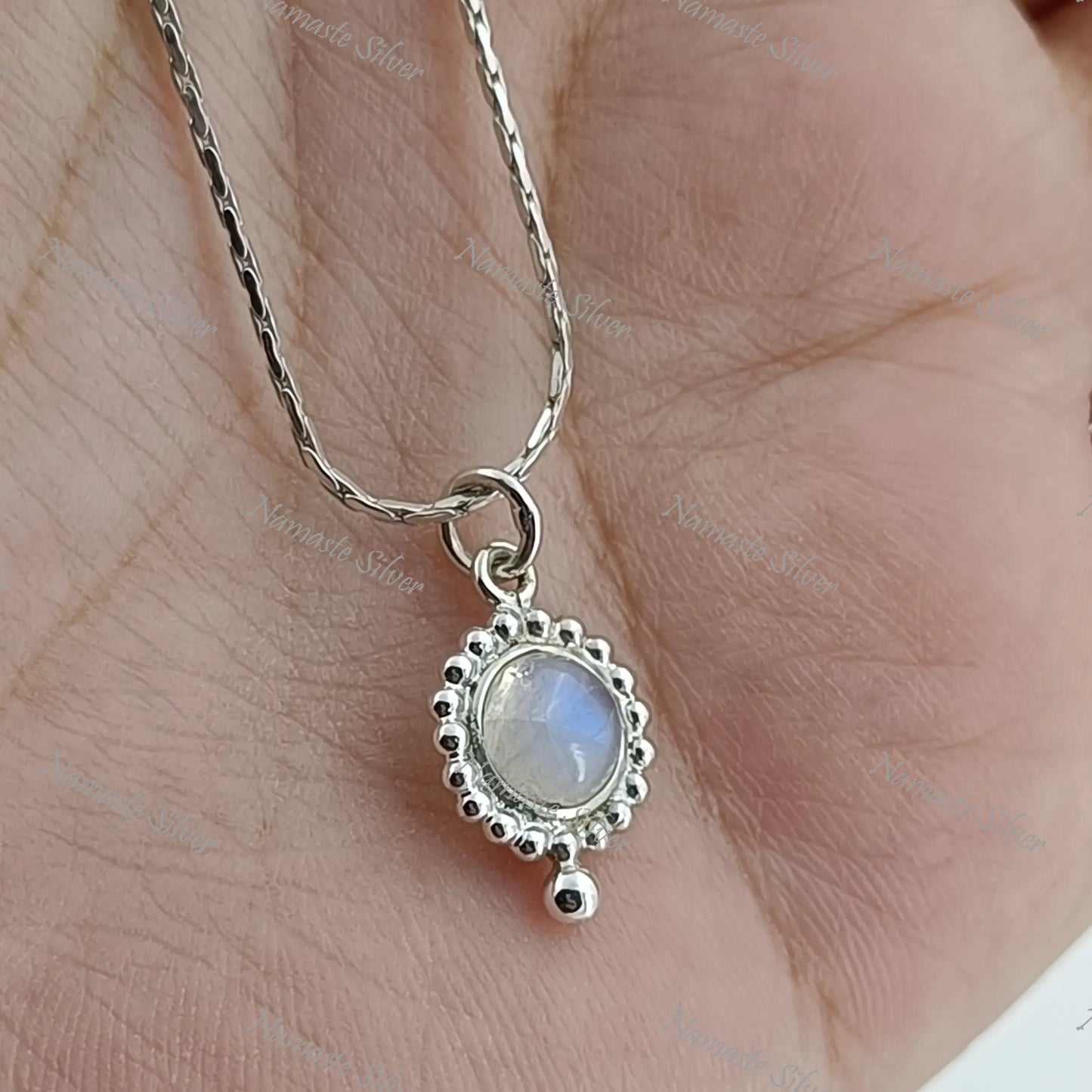 Moonstone Necklace, 925 Sterling Silver Pendant, Natural Rainbow Moonstone Round Gemstone Handmade Jewelry, June Birthstone, Gift For Her